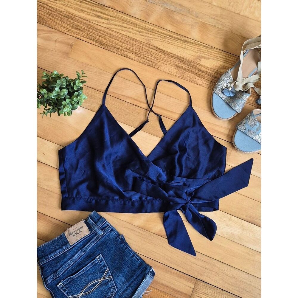 Fashion NovaâNavy Satin Wrap Crop Top with Side Tie